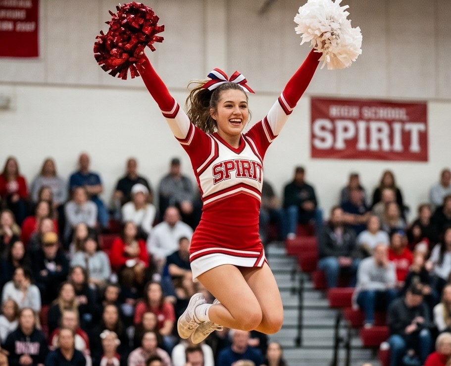 Cheerleader mid-jump in front of a packed gym