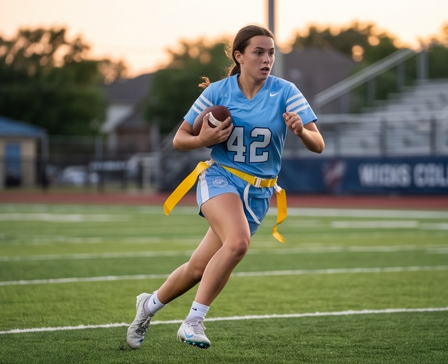 Flag football player breaking into the open field