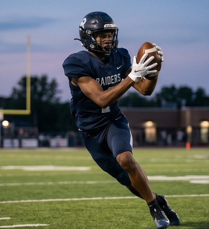 Football receiver securing a catch under the lights