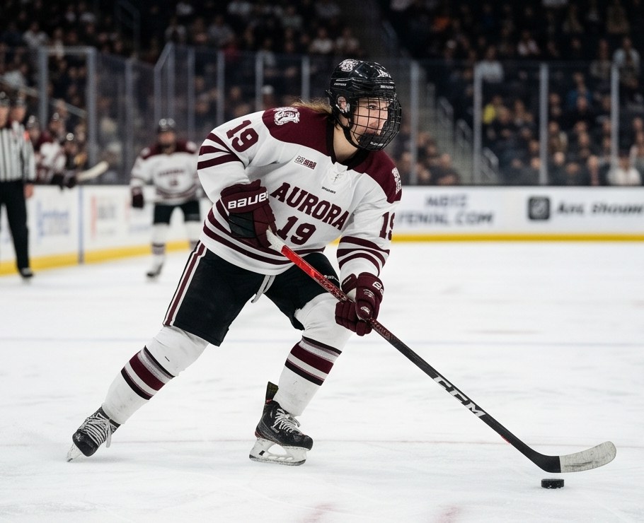 Hockey player carrying the puck up ice